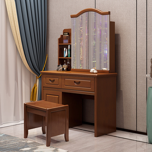 新中式实木梳妆台卧室带抽屉推拉镜简约化妆桌子收纳柜一体小户型