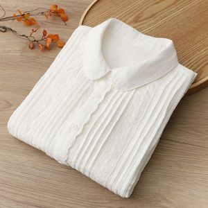 日韩出口原单高品质蕾丝花边皱褶白色衬衫女春季双层棉纱宽松衬衣