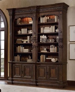 美式实木雕花带梯子书柜别墅书房组合书橱法式复古做旧酒柜展示柜