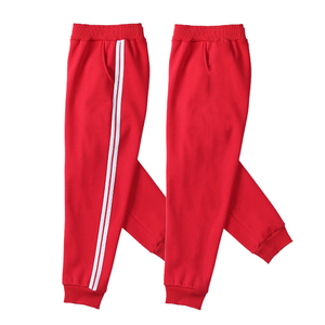 儿童红色运动裤薄款夏男女童纯棉卫裤宽松长裤子小学生两条杠校服