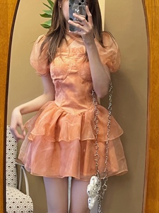 橘色欧根纱甜美公主连衣裙带胸垫方领泡泡袖收腰显瘦蓬蓬裙蛋糕裙