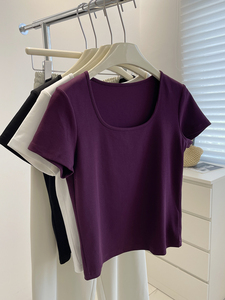 显白茄紫色短袖tee！夏季法式方领气质显瘦小个子纯色棉质T恤衫女
