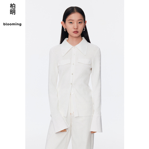 柏明blooming2024年春季新品女装白色时尚针梭拼衬衫领弹力上衣女