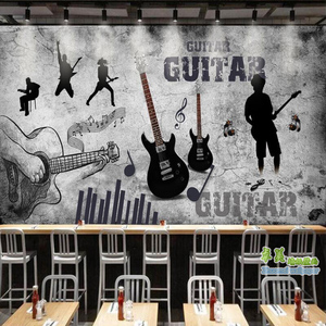 复古个性吉他教室背景墙纸培训机构工作室壁纸酒吧台餐厅音乐壁画