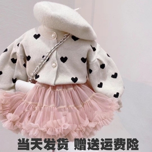 韩版女童春秋款针织外套新款2024洋气女宝公主tutu裙毛衣开衫套装