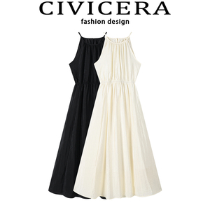 CIVICERA夏季法式圆领无袖收腰显瘦长款度假雪纺垂坠感吊带连衣裙