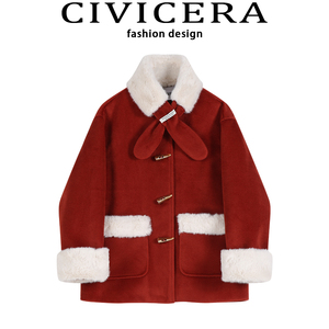 CIVICERA高级感超好看短款毛呢外套女冬季加绒加厚红色大衣小个子