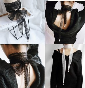 黑色蕾丝个性长款多种戴法蝴蝶结绑带chocker长毛衣链领巾窄丝巾