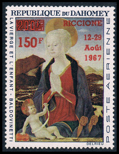 达荷美1967 博多维纳蒂绘画~圣母礼拜圣婴{加盖改值}  1全