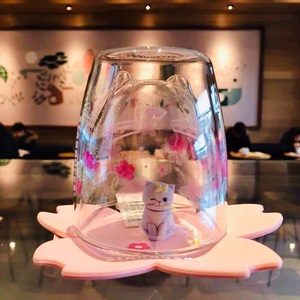 星巴克2019浪漫樱花季8oz萌猫粉樱双层玻璃杯含花型杯垫现货