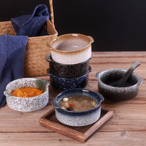 日式复古风创意双耳碗陶瓷甜品汤碗炖盅单碗一人食餐具家用粗陶碗
