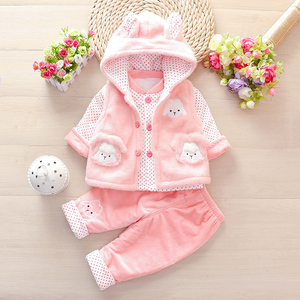 夏装0-1一岁半夹棉女宝宝薄棉三件套9个月婴儿衣服洋气套装