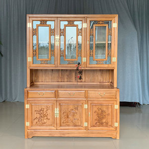 中式实木香樟木书柜三门书橱雕花带玻璃柜加高收纳储物柜原木定制