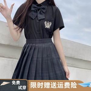 碳灰JK衬衫暗黑系制服套装学院风2022夏季新款原创刺绣黑色衬衣女