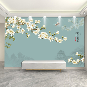 新中式手绘工笔花鸟壁纸客厅书房电视背景墙复古艺术墙纸定制壁画