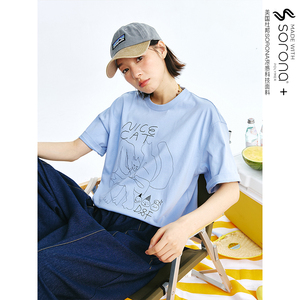 鹿与飞鸟[波子汽水]“NiceCat线条小猫”索罗娜凉感双色T恤5823