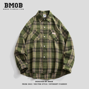 BMOB美式复古绿色格子衬衫男秋季设计感小众宽松休闲衬衣外套上衣