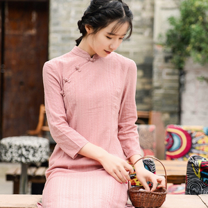 中国风苎麻改良版旗袍学生文艺年轻款粉色少女日常复古棉麻连衣裙