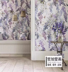英国进口效果墙纸紫藤箩背景墙壁纸墙布紫色花纹卧室壁布客厅卧室