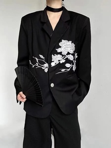 山本耀司原创设计感新中式玫瑰刺绣休闲暗黑宽松黑色西装西服男女