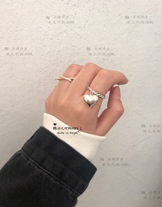 韩国代购925纯银戒指 复古设计桃心戒指 做旧麻花圈爱心吊坠戒指