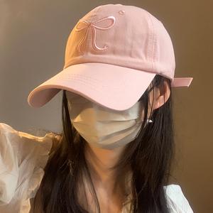 蝴蝶结粉色帽子女可爱韩国棒球帽软顶鸭舌帽显脸小遮阳防晒帽新款