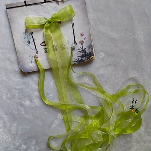 古装超仙绢纱蝴蝶结后压头饰黄绿色飘带发夹长流苏丝带汉元素对夹