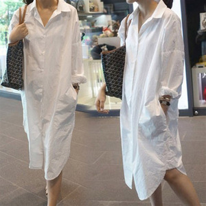韩国24新款白衬衫裙长袖春秋时尚宽松超长款过膝女寸衫打底衬衣潮