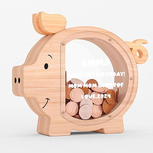 跨境新品木质小猪存钱罐儿童创意储蓄罐透明亚克力硬币收纳罐