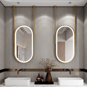 铁艺吊杆镜酒店卫生间天花板悬空吊镜智能浴室镜子带灯悬挂化妆镜