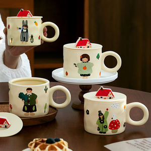 八大杯可爱家庭专人用陶瓷马克杯带盖子早餐牛奶咖啡情侣儿童喝水