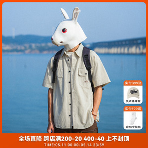 兔先森夏季美式复古质感贴袋刺绣工装衬衫男宽松休闲短袖衬衣外套