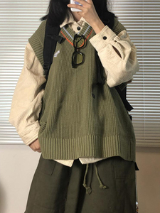 时尚两件套装春秋复古chic针织马甲学生毛衣背心女+灯绒芯衬衣潮