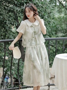 新中式年轻款少女套装短袖连衣裙2024夏季改良盘扣上衣两件套裙子