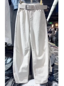 白色香蕉牛仔裤女夏季薄款大码胖mm梨形身材高腰宽松显瘦弯刀裤子