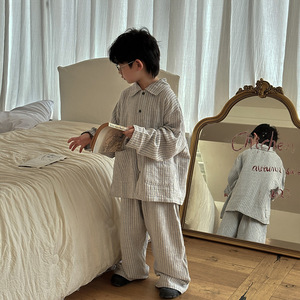 男童睡衣套装男宝宝日系条纹居家衣服儿童春季双层纱家居服两件套