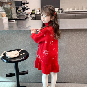 女童冬季连衣裙2023新款儿童装洋气加厚针织毛衣裙子大童公主红色
