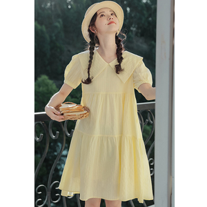 2024夏季新款宽松泡泡短袖连衣裙女茶歇法式甜美黄色娃娃裙小个子