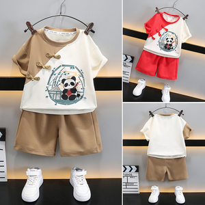 童装儿童中国风熊猫盘扣短袖套装夏装中小童男女宝宝民族风两件套