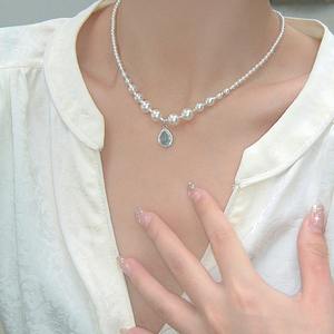 S925银海蓝宝正圆施家珍珠项链女气质水滴型锁骨链法式轻奢高级感