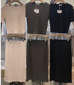 现货韩国进口2024夏THE COVER圆领短袖褶皱修身T+半身裙纯色套装