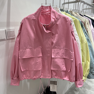 韩国粉色工装风衣外套女春秋薄款短款小个子冲锋衣运动夹克上衣潮