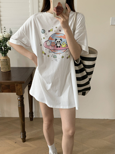 HANA SUAVE“熊猫星球”100%棉 复古卡通白色宽松短袖长tee T裙