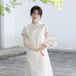 苎麻改良旗袍女夏季复古日常茶艺师服装棉麻国风连衣裙小个子茶服