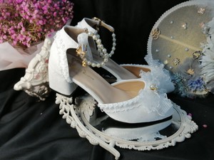 原创lolita手作高跟鞋圆头粗跟单鞋白色银色婚鞋花嫁鞋白金色