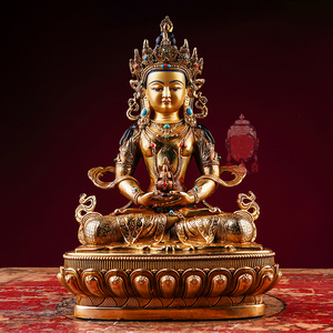 西藏工艺藏传无量寿佛佛像密宗纯铜鎏金长寿佛铜像摆件一尺33cm