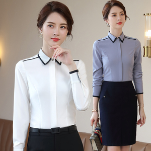 白衬衫女长袖秋装韩版灰蓝色职业工装衬衣商务女士上班工作服上衣