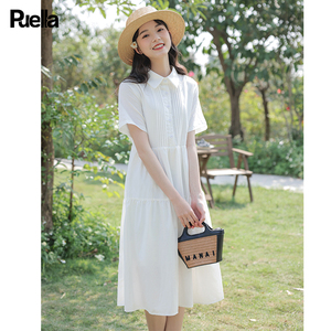 拉夏贝尔Puella短袖小个子白色系带衬衫裙质感法式风琴褶连衣裙子
