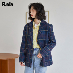拉夏贝尔Puella复古格子外套女韩版宽松气质显瘦英伦风小西服大衣