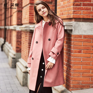 拉贝缇毛呢外套女秋冬新款韩版小个子中长款粉色气质大衣拉夏贝尔